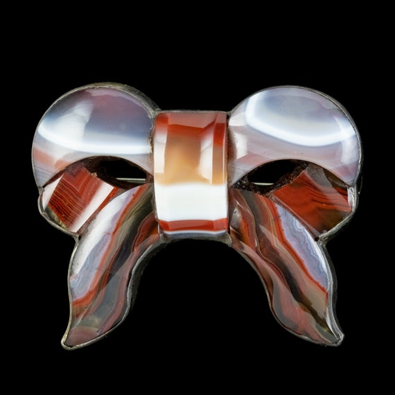 Antique Victorian Scottish Agate Bow Brooch Silve… - image 2