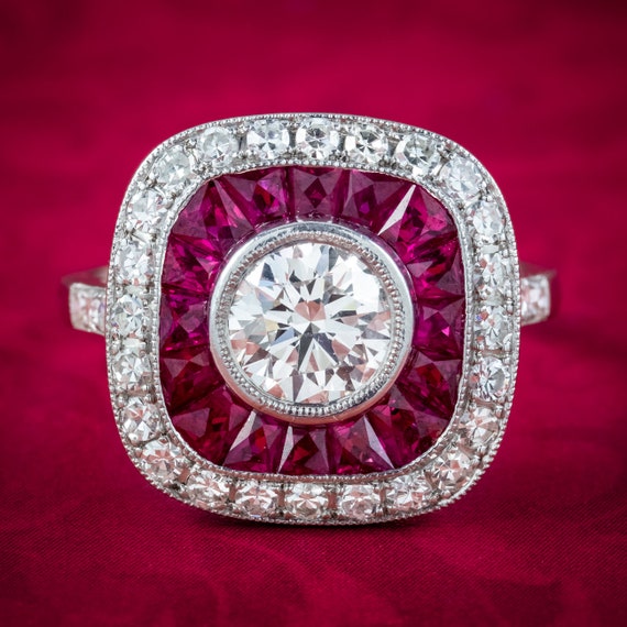 Art Deco Style Diamond Ruby Target Cluster Ring 2.5ct Of Diamond