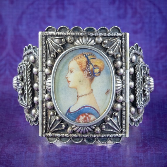 Antique Victorian Silver Portrait Of A Young Woman Bangle