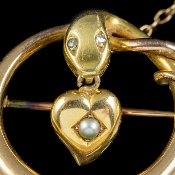 Antique Victorian Snake Brooch Diamond Eyes Pearl… - image 5