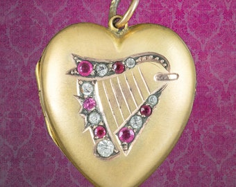 Antique Victorian Paste Lyre Heart Locket 9ct Gold Back And Front