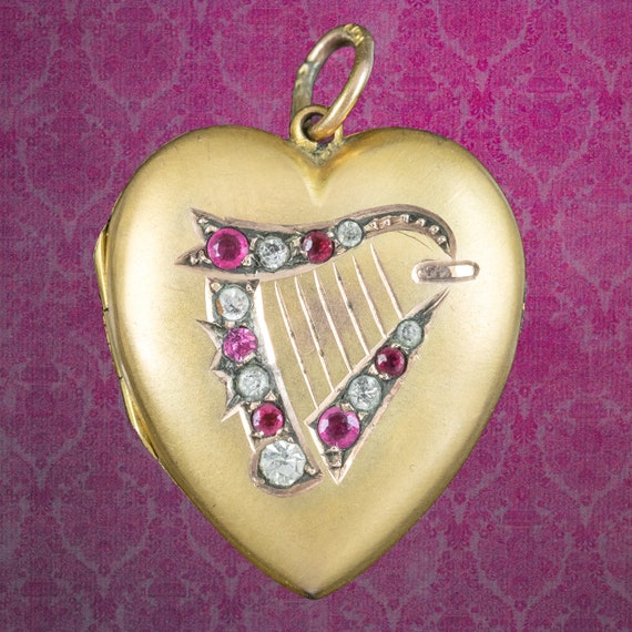 Antique Victorian Paste Lyre Heart Locket 9ct Gold Back And Front