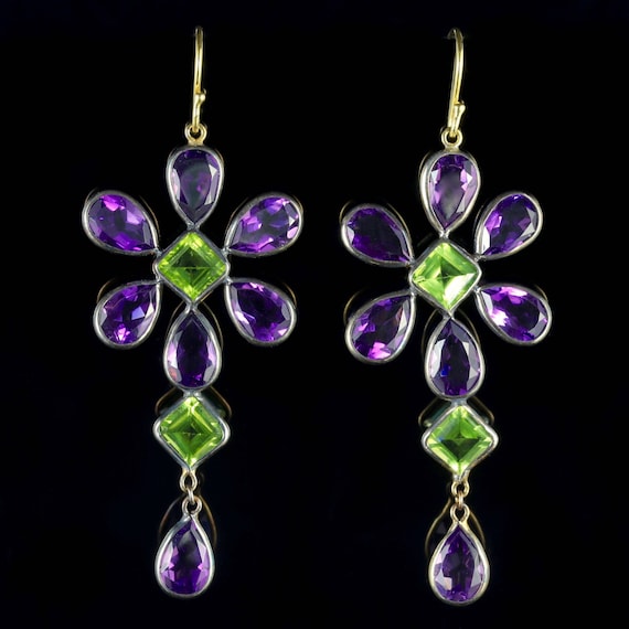 Peridot Amethyst Suffragette Drop Earrings