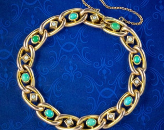 Antique Victorian Turquoise Pearl Curb Bracelet 9ct Gold