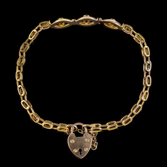 Antique Edwardian Heart Padlock Bracelet 9ct Gold… - image 3