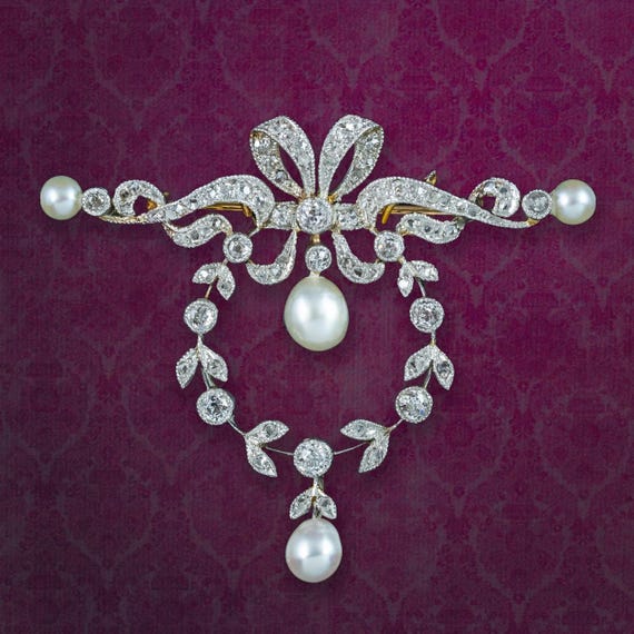 Antique Edwardian Pearl Diamond Brooch Platinum 18ct Gold