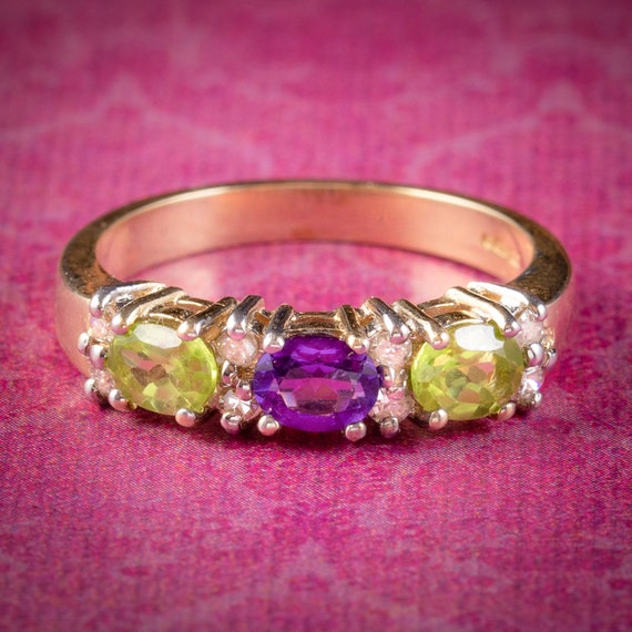 Suffragette Ring Peridot Amethyst Diamond 9ct Gold