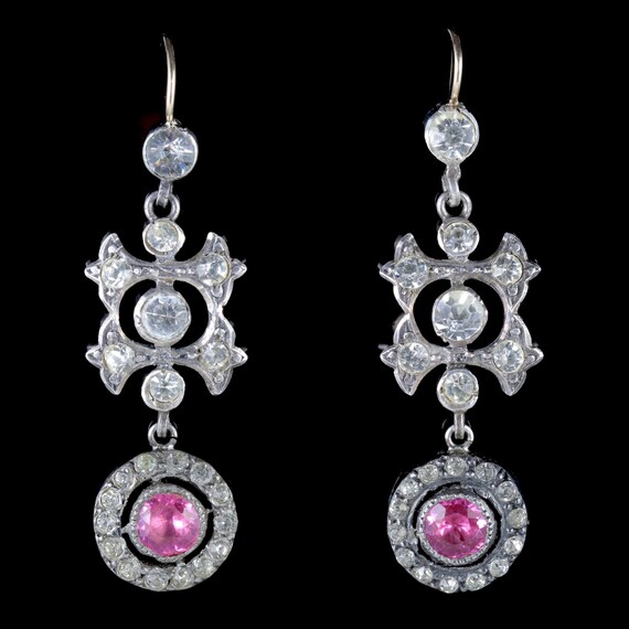 Pink Paste Drop Earrings Silver White Paste Stones