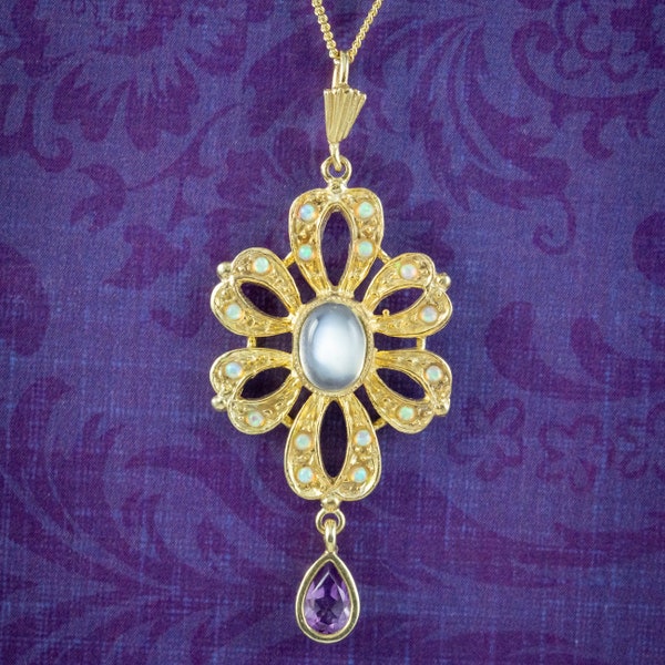 Opal Moonstone Amethyst Pendant Necklace Silver Gold Gilt