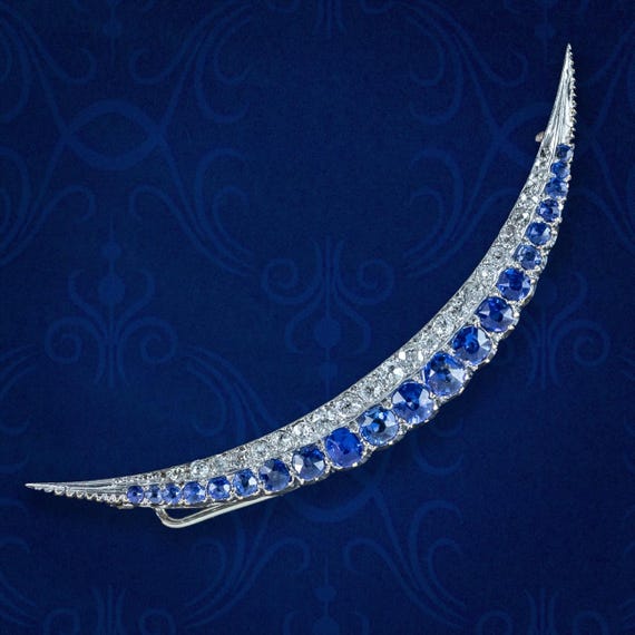 Antique Edwardian Sapphire Diamond Crescent Brooch 18ct Gold