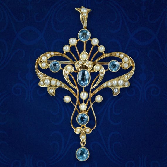 Antique Victorian Aquamarine Pearl Pendant Brooch 15ct Gold
