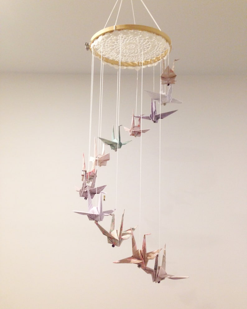Custom made origami crane baby mobile with crochet top long Etsy