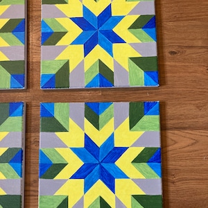 Hand-Painted Barn Quilt Canvas: Blue, Green, Yellow Wall Art (12&quot; x 12&quot;)