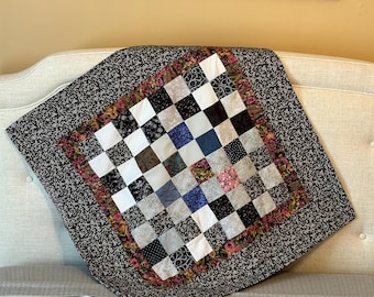 Black Table Topper, Throw or Wall Hanging, Four Patch Design, New Cotton