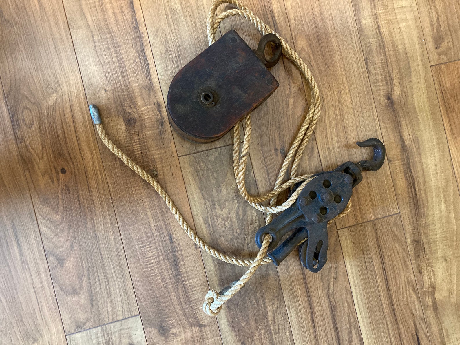 Antique Pulley with ratchet locking hook and barn rope Etsy