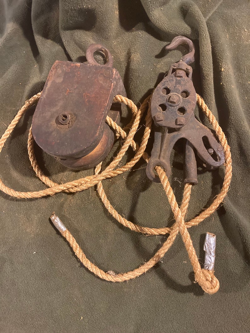 Antique Pulley with ratchet locking hook and barn rope Etsy