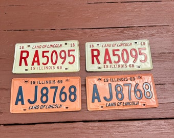 Vintage Illinois License Plates: 1968 Tan or 1969 Orange Pair