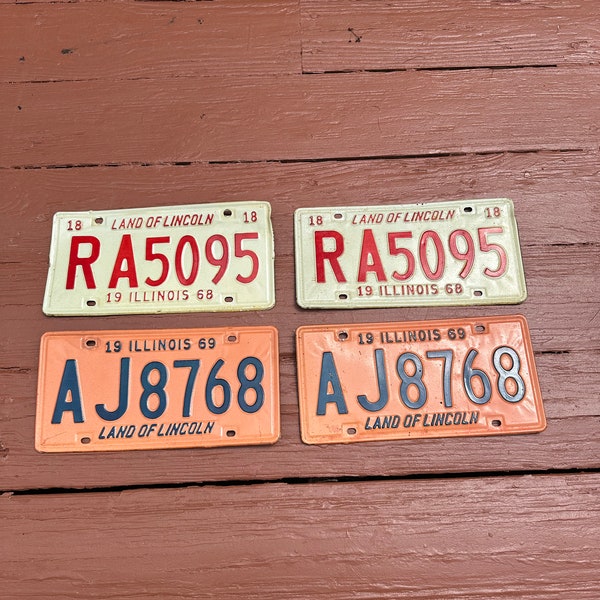 Choice of 1968 or 1969 Pair of Vintage Illinois Car License Plates, Set of Two, Land of Lincoln, 1818, Special Design 1968 Plates