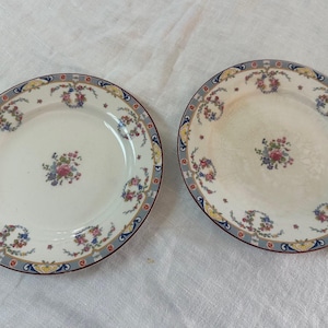 May include: Two white ceramic plates with floral designs. Each plate features a central floral bouquet and a decorative border with blue, yellow, and red accents. The plates have a brown rim.