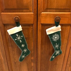 Handmade Felt Christmas Stockings: Green with Snowflake Embroidery, Set of 2