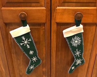 Handmade Felt Christmas Stockings: Green with Snowflake Embroidery, Set of 2