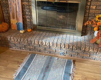 Vintage Woven Rag Rug: Blue Gray Pastel Farmhouse Decor (36x25)