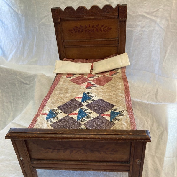 Vintage Oak Doll Bed with Bedding from 1890s, Family Heirloom, Doll quilt Hand Pieced, Original Stencils on Head and Base Boards