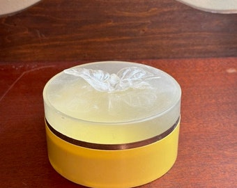 Vintage Jean Nate Bath Powder Case, Yellow Bottom with Leaf Lid, Jewelry Holder, Cotton Swab Holder, Charles of the Ritz,