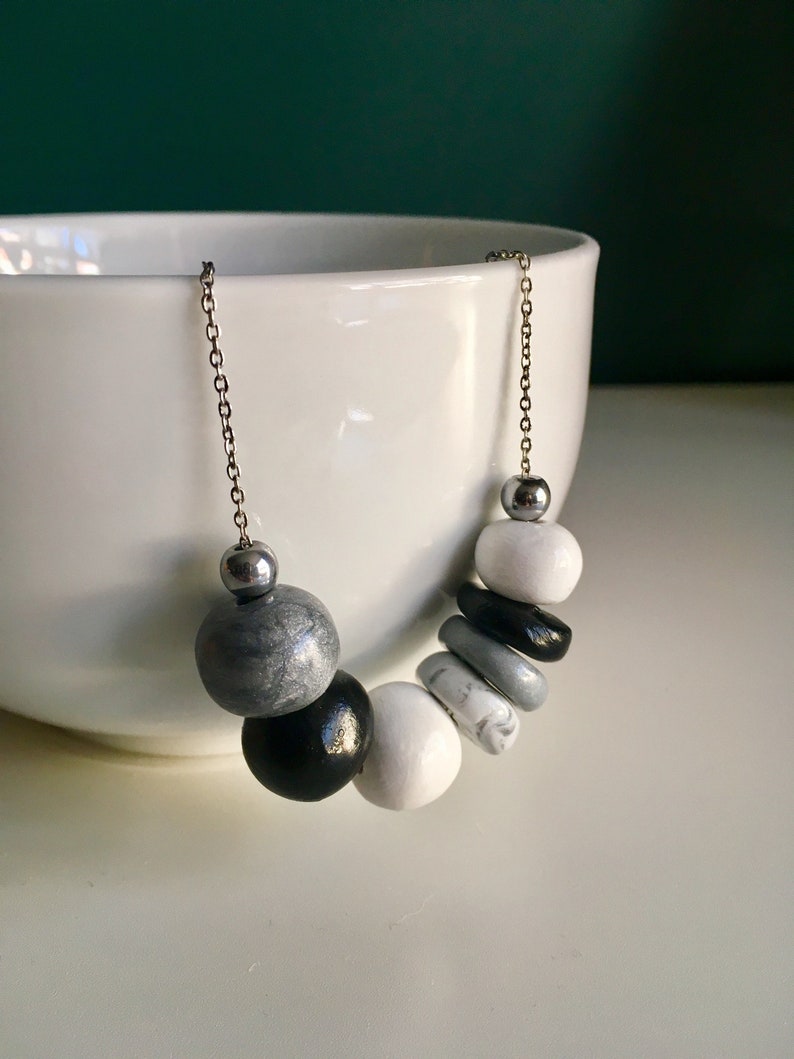 GreyBlackWhite for women Silver plated chain Necklace polymer beaded clay Jewelry Handmade in Montreal