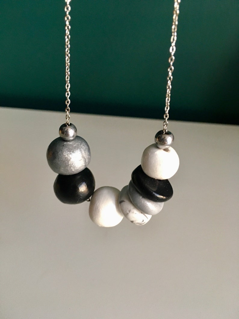 GreyBlackWhite for women Silver plated chain Necklace polymer beaded clay Jewelry Handmade in Montreal