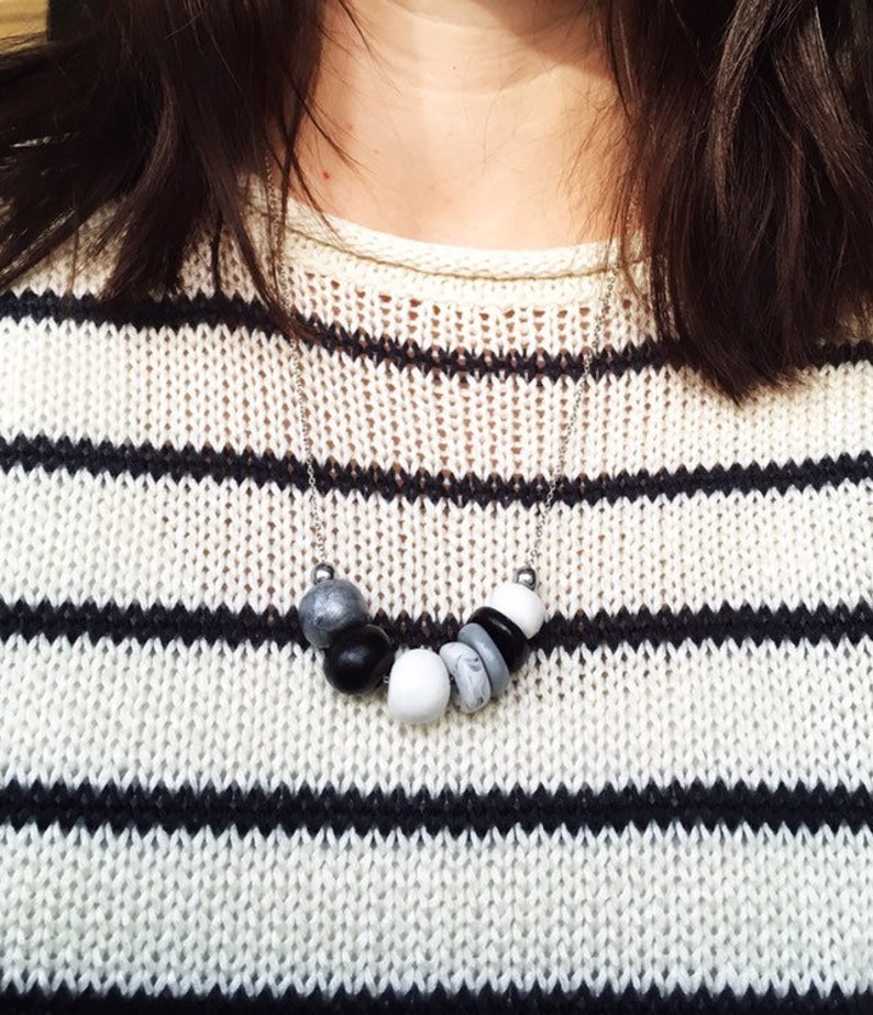 GreyBlackWhite for women Silver plated chain Necklace polymer beaded clay Jewelry Handmade in Montreal