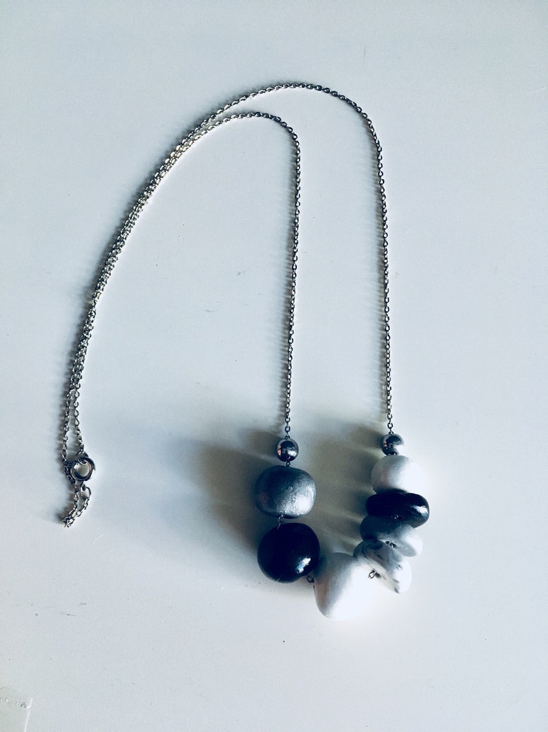 GreyBlackWhite for women Silver plated chain Necklace polymer beaded clay Jewelry Handmade in Montreal