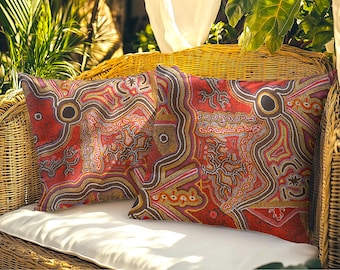 Red Brown Aboriginal Cushion Covers | "Frog Dreaming" Design | Abstract Indigenous Decor | 18" (45cm) Made Australia