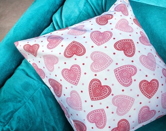 Romantic Pink Hearts Cushion Cover, Throw Pillow. 18" (45cm). Made Australia.