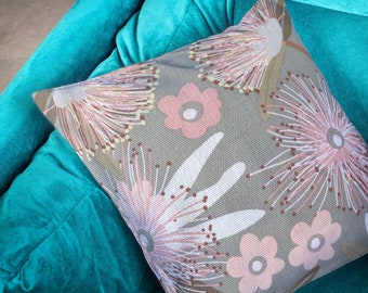 Pink/Green Australian Flowers Cushion Covers | Native Flora on Linen | 18" (45cm) Made Australia