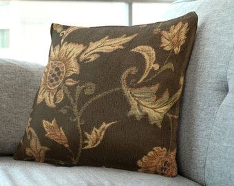 French Gold/Brown Floral Cushion Covers | Brown Cottage Decor | Textured Tapestry Fabric | 16"/18" Made Australia