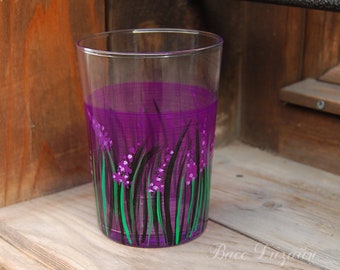 Bicchiere grande da succo o acqua in vetro viola lavanda dipinto a mano