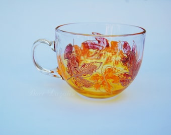 Taza de té grande con hojas de otoño pintadas a mano, color amarillo anaranjado