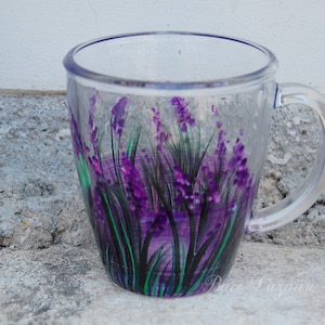 Lavender cup, Purple cup, Painted glass, Tea cup, Coffee mug, Lavender design, cup  flowers, lavender decor, Mothers Day Gift, Birthday gift