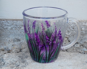Taza de café de vidrio lavanda pintada a mano, taza de té floral