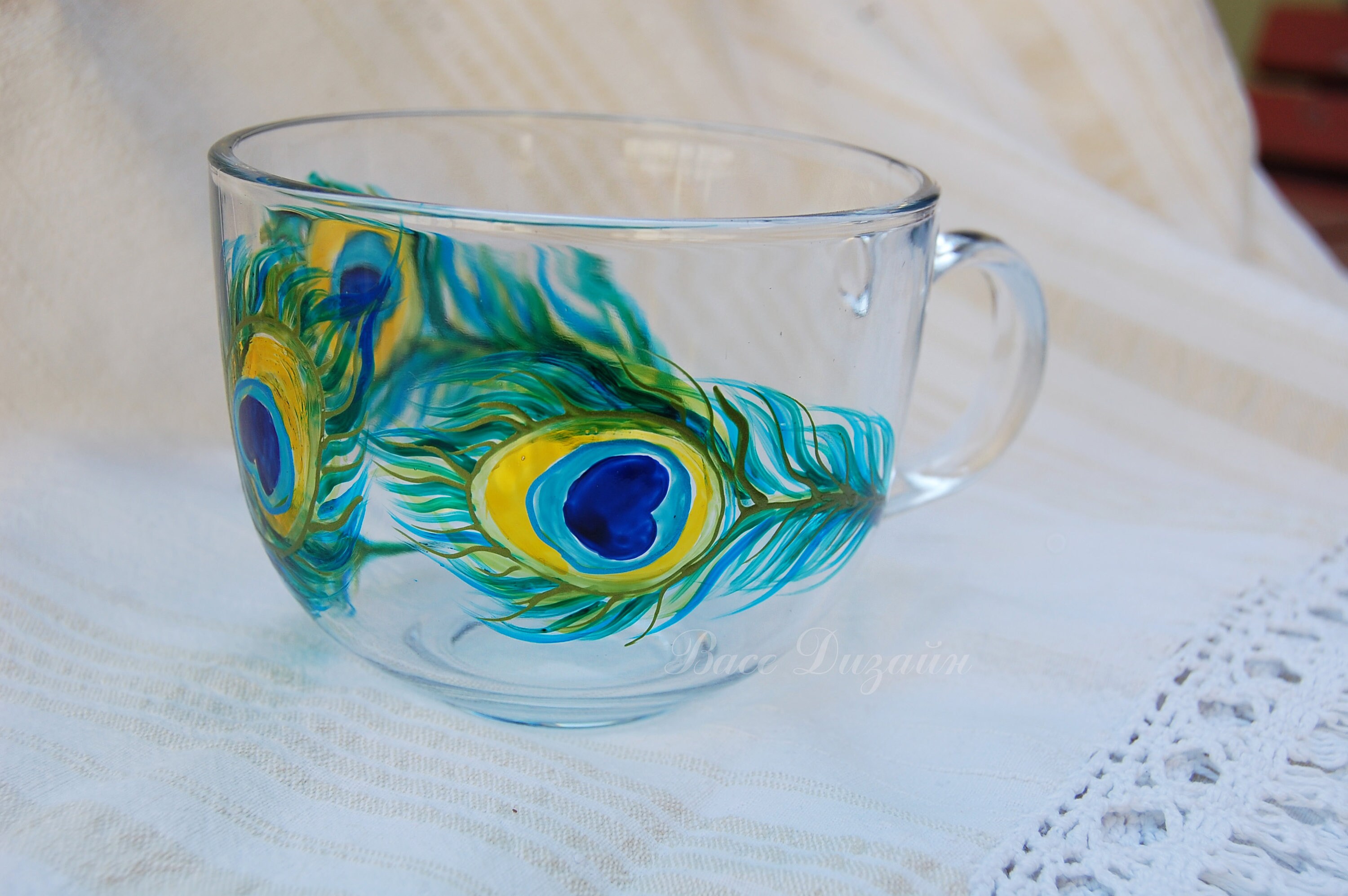 Peacock Feather Covered Mug with Tea Infuser - Franklin Art Glass