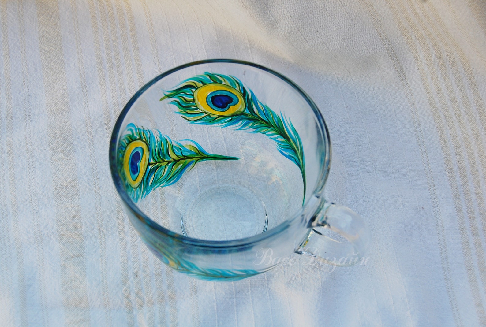 Peacock Feather Cup, Large Tea Cup, Hand Painted Glass Cup, Peacock