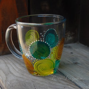 Yellow spirals, Hand Painted Glass, Colorful cup, Tea cup, Mothers Day Gift, Coffee cup, Birthday gift, Home decor, Kitchen cup