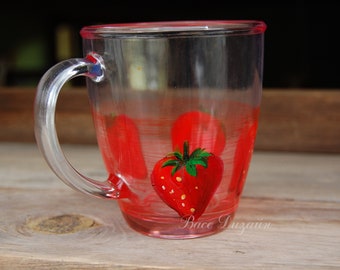 Mug Strawberry Glass Mug Painted Glass Mug Fruit Coffee Mug Strawberry Design Glass Tea Mug Mom Gifts Valentines Day Mug