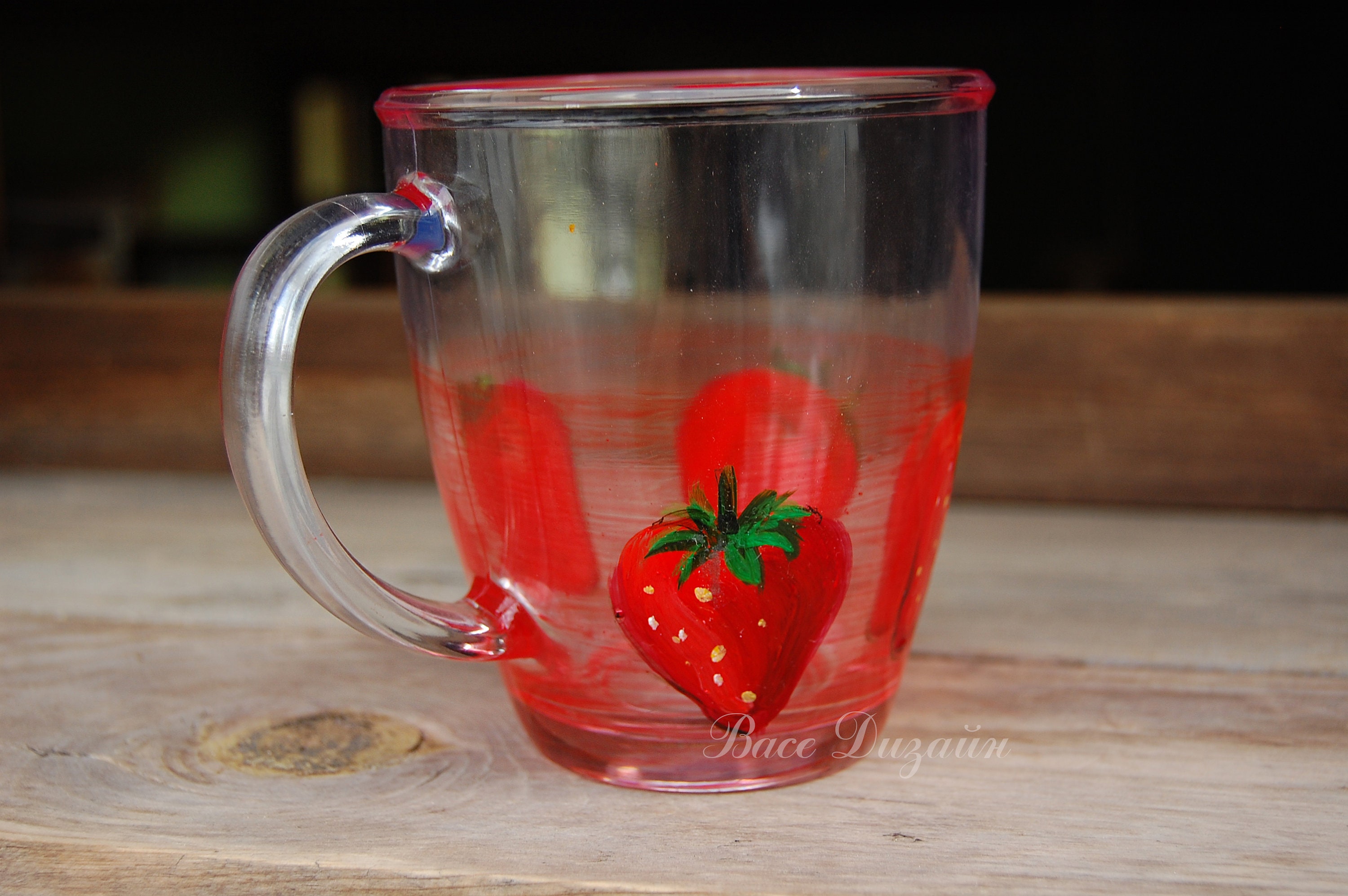 Mug Strawberry Glass Mug Painted Glass Mug Fruit Coffee Mug Strawberry