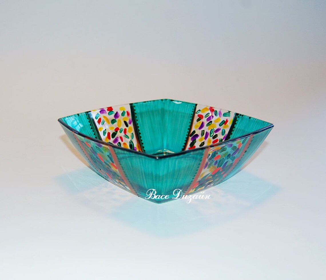 Blue Green Bowls, Blue Bowls, Painted Glass Bowls, Colorful Bowl, Bowl