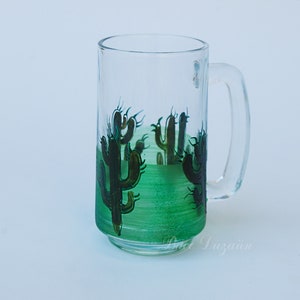 Green mug, Cactus design, Cactus lovers,Cactus Beer Mug, Personalized Beer Glass, Hand painted glass, Personalized Beer Mug, Beer lovers