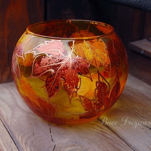Yellow Orange Vase, Copper vase, Hand Painted Glass, Painted vase, Autumn leaves vase, Glass Vase, Wedding Decoration, Birthday vase