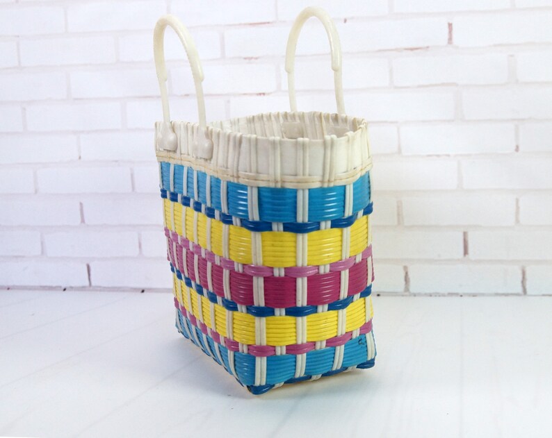 Retro plastic wicker basket 70's Rainbow Woven handle Etsy