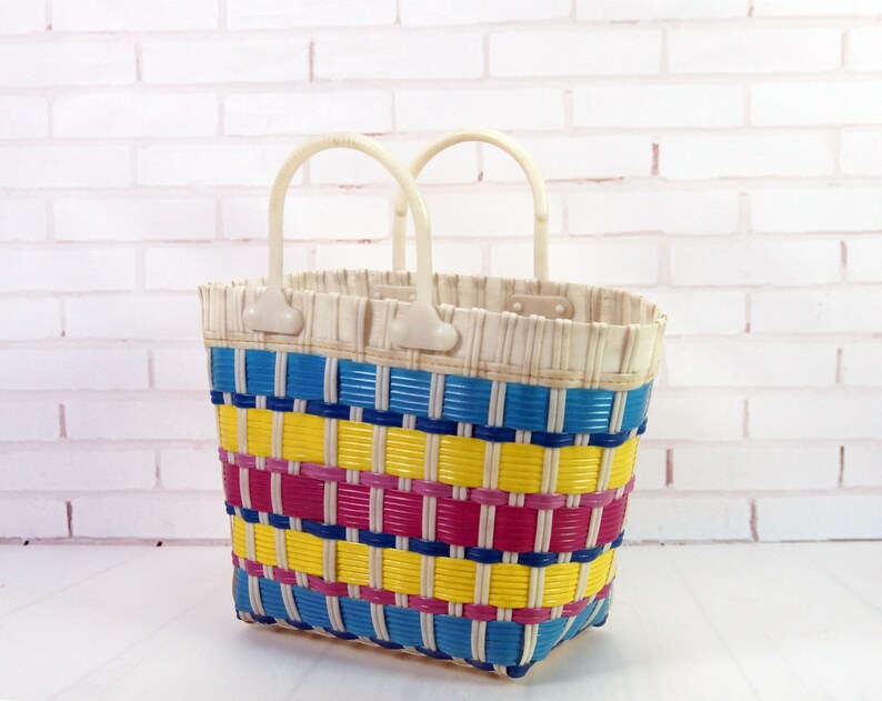 Retro plastic wicker basket 70's Rainbow Woven handle Etsy
